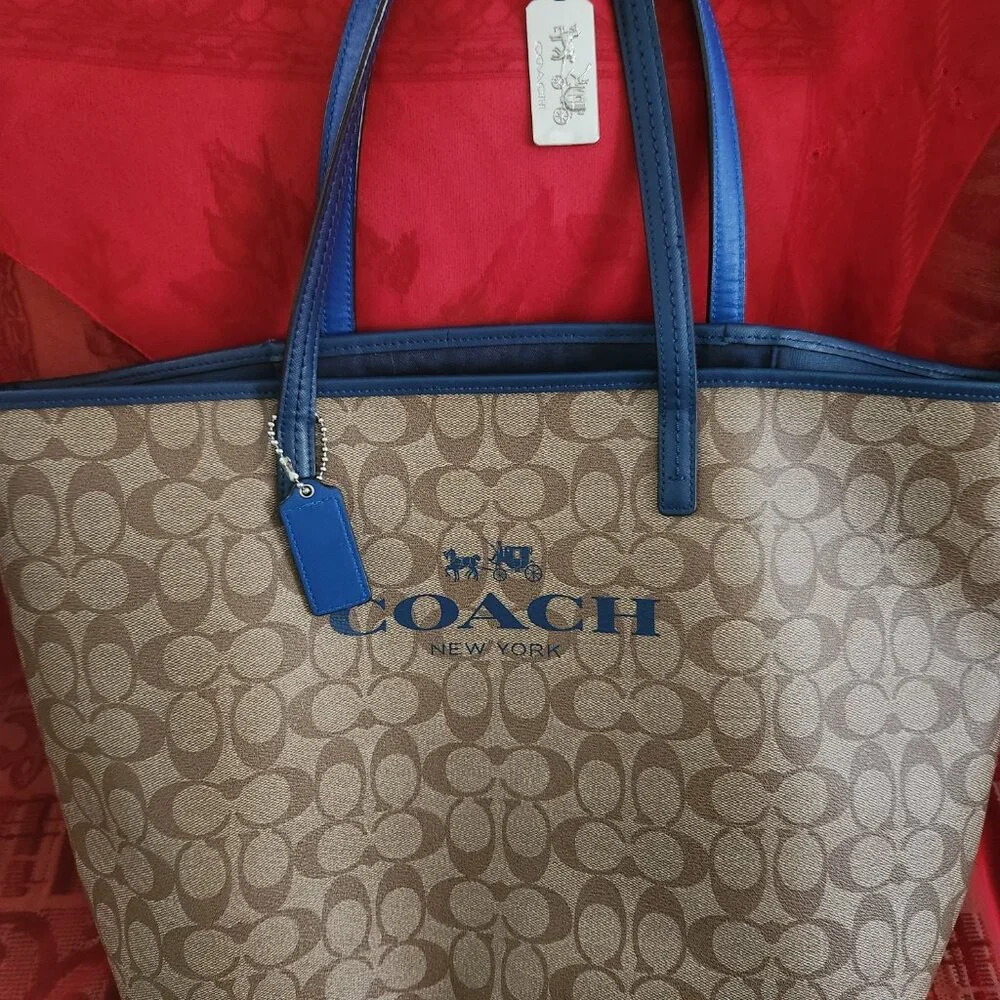 Coach Tan Signature Canvas Tote with Blue Trim - Picture 3 of 11